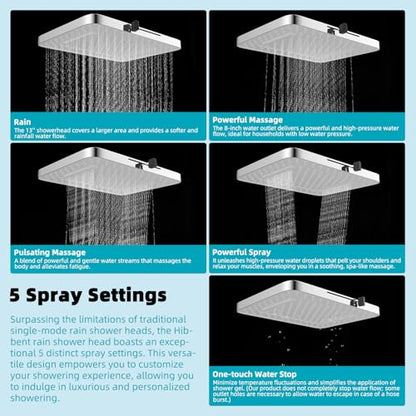 Hibbent 5 Spray Modes Shower Head, 13'' High Pressure Rain Shower Head, Large Rainfall Showerhead for Bathroom, High Flow Waterfall Fixed Showerheads with Adjustable Swivel Ball Joint, Silver - color: Silver, style: Square 13''