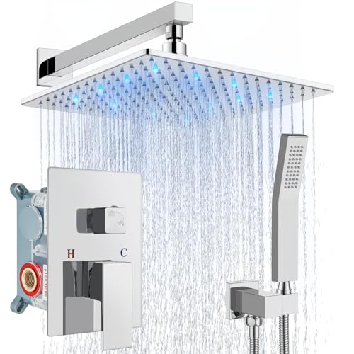 Aolemi Shower Faucet Set with Valve Handheld 12" LED Head Polish Chrome | Handheld Spray,12 Inch Rain LED Head,Valve and Trim Kit,All Metal,Wall Mount Shower System,Bathroom Mixer - color: Chrome, size: 12 Inch LED Shower Head