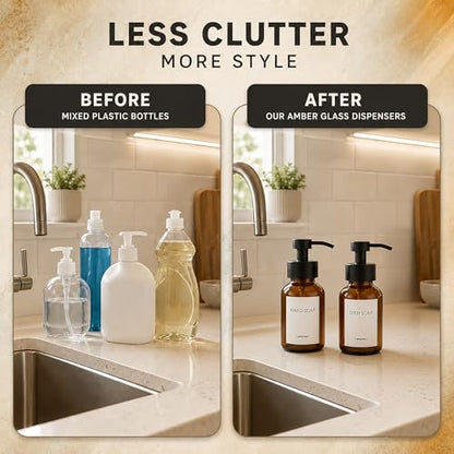 Amber Glass Foaming Soap Dispenser, 2 Pack, 8.5 Oz, Refillable | Foaming Hand Soap Dispenser; Pump Bottles, Non-Slip Bottom, 6 Moisture-Resistant Labels; for Bathroom & Kitchen Counter Decor