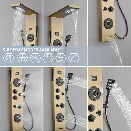 Brushed Gold Shower Panel LED Rainfall Waterfall Shower Head | 6 Functions,Rain Massage,Body Jets,Handheld Shower,Tub Spout,Temperature Display,Wall Mount, Stainless Steel Shower Panel - color: Brushed Gold, style: Shower Panel-LED