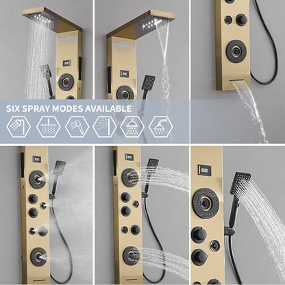 Brushed Gold Shower Panel LED Rainfall Waterfall Shower Head | 6 Functions,Rain Massage,Body Jets,Handheld Shower,Tub Spout,Temperature Display,Wall Mount, Stainless Steel Shower Panel - color: Brushed Gold, style: Shower Panel-LED