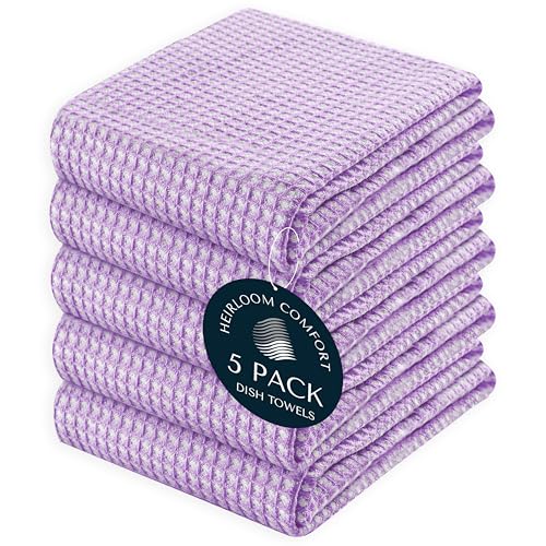 5 Pack Dual Tone Waffle Weave Kitchen Towels, 16x26 Inch, 100% Cotton, Reversible, Super Absorbent, Quick Dry, Durable Dishcloth Set, Soft Hand Towels for Cleaning, Lavender - color: Lavender, size: 16 x 26 - Pack of 5
