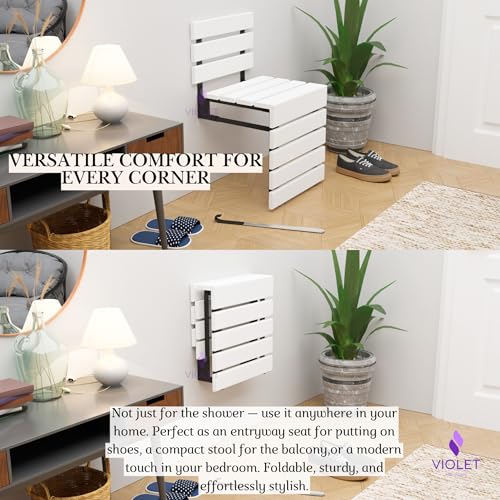 Folding Wall Mounted Teak Wood Shower Seat with Backrest, Water Resistant Foldable Bathroom Stool with Legs, Premium Materials Handmade Shoe Changing Bench, Space Saving and Super Safe Chair (White) - color: White