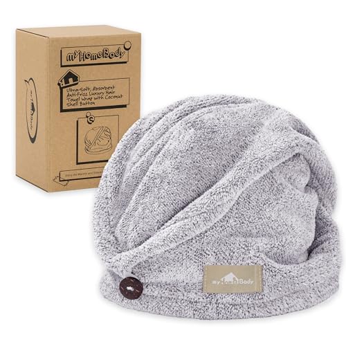 myHomeBody Hair Towel Wrap, Quick Drying Turban, Absorbent Cap – Gray | Hair Turban Towel for wet hair, Ultra Soft Charcoal Fiber Cap, Towel Head Wrap for bathing with Coconut Shell Button - color: Grey