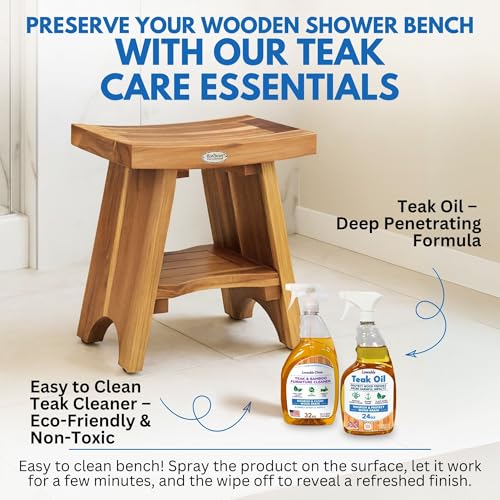 EcoDecors Teak Shower Bench with Shelf 18", 300 lb Capacity – Fully Assembled Waterproof Wood Spa Seating for Adults - Compact Fit for Small Bathrooms & Walk-in Showers - Slip-Resistant Feet - size: 18" shelf fully assembled