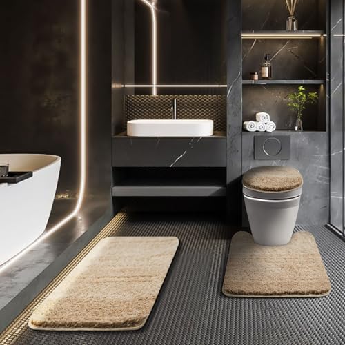 Shower Curtain Sets with Rugs and Adjustable Toilet Seat Cover | 4 Pcs Beige Bathroom Sets with Shower Curtain and Rugs and Microfiber Toilet Lid Cover - color: Beige