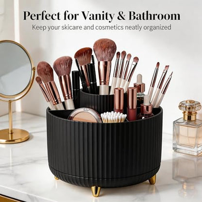 360 Rotating Makeup Brush Holder Organizer, 5-Slot Black Spinning Cup for Women, Vanity Desk & Bathroom Storage for Cosmetics and Beauty Tools Accessories
