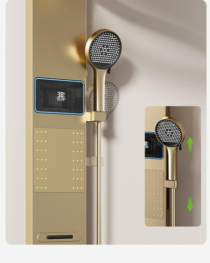 Modern Stainless Steel LED Shower Panel Tower Digital Temperature Display Multi-Function Wall Mount Column Rainfall Head Handheld Sprayer Body Massage Jets - color: Golden