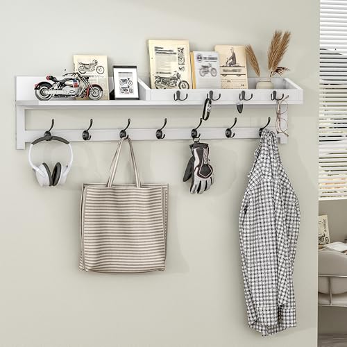 AMBIRD 35 inch Coat Rack Wall Mount, Extra Long Coat Hooks Wall Mount, Entryway Shelf with 7 Dual Coat Hooks 4 Key Hooks Mail Organizer, Wooden Wall Coat Rack with Hooks, Key Holder Rack (White) - color: White, size: 35" L