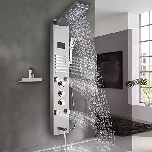 Brushed Nickel LED Rainfall Shower Panel Tower Faucet Massage Suit Body Jets