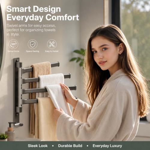 2-5 Arms Swivel Towel Rack Bath Towel Holder with Hook Swing Arm Towel Rack Wall Mount for Bathroom Kitchen-Grey 4Arm - color: Grey, size: 4-arm
