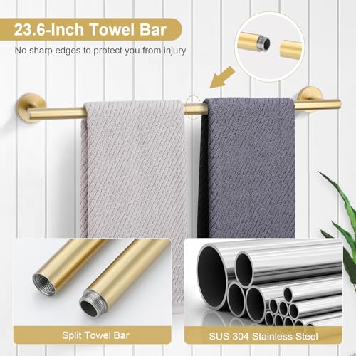 TQKAG Brushed Gold Bathroom Hardware Set 6-Piece Bathroom Accessory Set 23.6 Inch Round Stainless Steel Towel Bar Set Wall Mounted - color: Brushed Gold, size: 6-Pieces Set