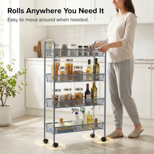 American Dream Matte Grey 4-Tier Mesh Basket Rolling Cart with Wheels Slim Metal Storage Organizer Trolley, 22.4" x 7.3" x 37.4" - color: Gray