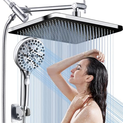 Rainfall Shower Head with Handheld, 14 Inch Rain Shower Head Combo,High Pressure Fixed Showerhead and 10 Spray Settings Handheld Shower Heads,Bathroom Accessories,Chrome - style: Basic