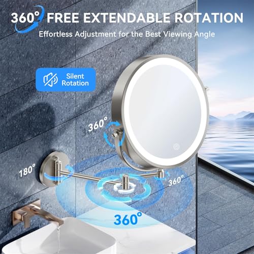 Auxmir 9″ 5000mAh 1X/30X Wall Mounted Lighted Magnifying Makeup Mirror | Power Adapter&2 Tweezers Included/ 3 Dimmable Colors/ Dual Sided Button Control/ Rechargeable/ 360° Rotation Extended Arm - color: 9'' 30x-nickel+adapter