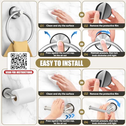 BKV Suction Cup Towel Ring,Hand Towel Holder for Bathroom,Stainless Steel Heavy Duty Round Towel Hanger for Bath,Kitchen-Brushed Nickel Silver - color: Silver