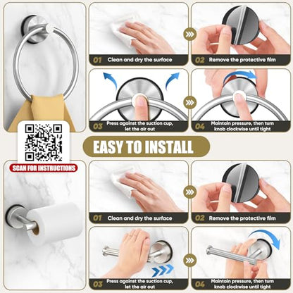BKV Suction Cup Towel Ring,Hand Towel Holder for Bathroom,Stainless Steel Heavy Duty Round Towel Hanger for Bath,Kitchen-Brushed Nickel Silver - color: Silver