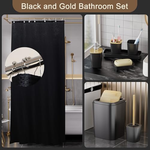 XLHOMO 24PCS Bathroom Sets with Shower Curtain and Rugs,Black Bathroom Accessories Set Waterproof Black and White Shower Curtain Set, Toilet Brush, Trash Can & Bathroom Rug - size: Bath Set+Shower Curtain+Bath Rugs, style: Black6