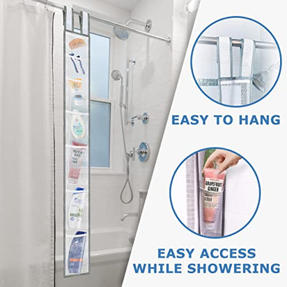 Skywin Hanging Mesh Shower Caddy, 7 Pockets, Quick Dry, 60 x 6 In - White | 60 x 6 In, Shower Organizer for Rod or Door, Portable for RV Dorm Cruise Camping, Velcro Strap, Polyester, Foldable