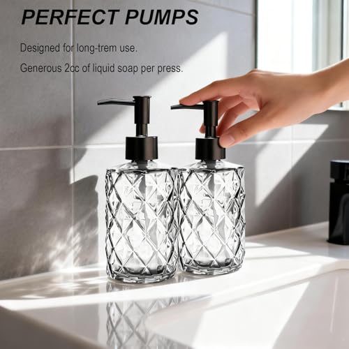 12oz Clear Glass Hand and Dish Soap Dispenser Set, Diamond Design, Set of 2 | Bathroom Soap Dispenser with Plastic Pumps, Bamboo Tray for Hand Wash & Dish Wash, for Bathroom Kitchen Countertop - color: Clear