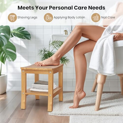 Giantex Teak Shower Bench with Shelf - Shower Stool for Elderly Seniors, Waterproof Teak Wood Non Slip Bathroom Spa Seat, Bathing Stool for Shaving Legs, Indoor & Outdoor Use, 20'' x 14'' x 18''