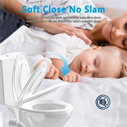 Aünsffer Family Toilet Seat Elongated, Built-in Toddler Potty Training Seat, Baby Toilet lid 2 in 1 Soft Close Quiet with Magnet, Easy Clean PP Material Safe and No Loosen (White Elongated 18.5 Inch) - color: White, size: Elongated 18.5inch with Baby Seat