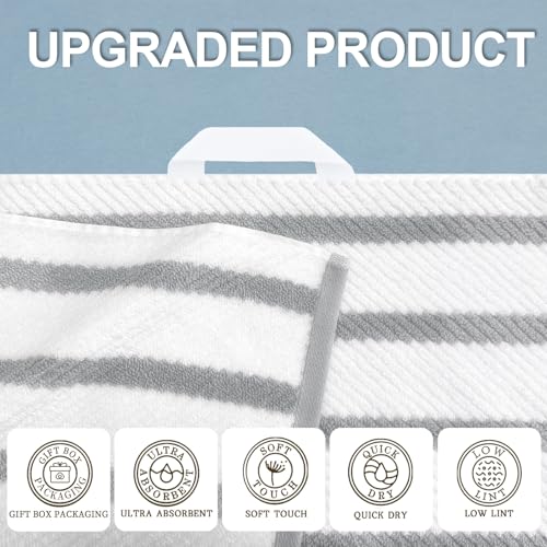 VOOVA & MOVAS Stripe 3PC Towel Set, 100% Cotton, Grey | 1 Stripe Large Bath 30x54 In,1 White Hand 18x28 In,1 Grey Washcloth 13x13 In, Quick Dry, Thick, Dorm Room Essentials - color: Grey+white Stripe, size: 3 PC Bathroom Towel Set