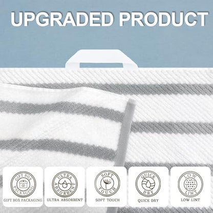VOOVA & MOVAS Stripe 3PC Towel Set, 100% Cotton, Grey | 1 Stripe Large Bath 30x54 In,1 White Hand 18x28 In,1 Grey Washcloth 13x13 In, Quick Dry, Thick, Dorm Room Essentials - color: Grey+white Stripe, size: 3 PC Bathroom Towel Set