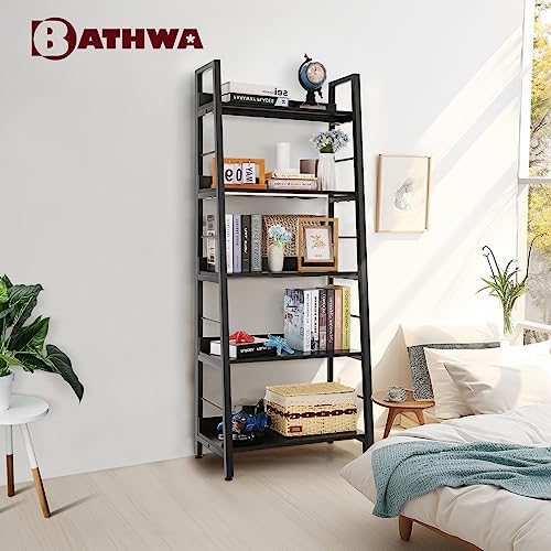 BATHWA 5 Tier Book Shelf, Black Industrial Open Wood and Metal Ladder Bookshelf, 59''H 24''W Wooden Ladder Shelf for Small Places, Living Room, Bedroom - color: Black, size: 1pack-59"H x 23.6"L x 13.8"D