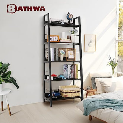 BATHWA 5 Tier Book Shelf, Black Industrial Open Wood and Metal Ladder Bookshelf, 59''H 24''W Wooden Ladder Shelf for Small Places, Living Room, Bedroom - color: Black, size: 1pack-59"H x 23.6"L x 13.8"D