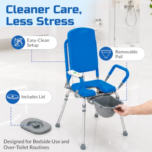 Raised Toilet Seat with Handles, Elevated Toilet Seat Riser for Seniors | Comfortable, Accessible Bedside Toileting - Blue, padded seat, backrest, 330 lb - size: 330lb. Capacity