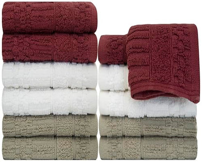 PH Pleasant Home Diamond Wash Cloths Set - 12 Pack (12” x 12”) – 509 GSM - 100% Ring Spun Cotton Wash Cloth - Super Soft and Highly Absorbent Face Towels (Maroon, White & Tan) - color: Maroon, White & Tan, style: Diamond