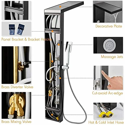 LED Light Shower Panel Tower Rainfall Waterfall Shower Head with Massager Jets Body System Jet Black B (Color : Black E) - color: Black E
