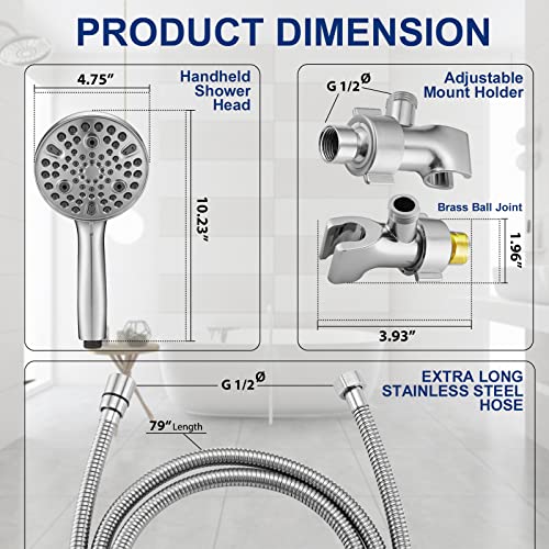 High Pressure 10 Setting Handheld Shower Head, 5" Detachable Showerhead Spray Built-in Power Wash to Clean Tub, Tile & Pets, 79" Extra Long Stainless Steel Hose, Adjustable Bracket - Chrome - color: Chrome
