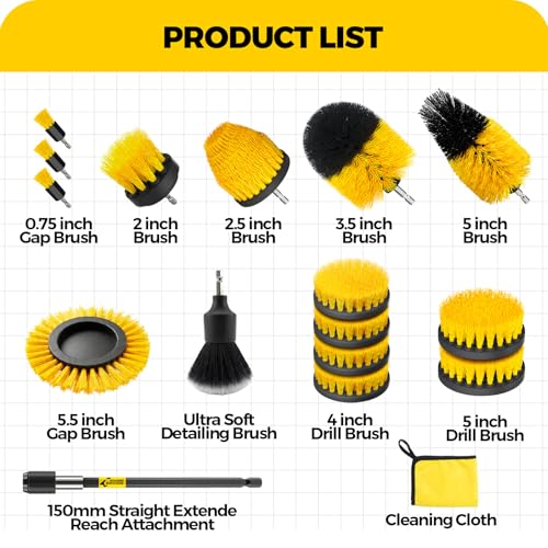 Holikme 20 Pack Drill Brush Set with Soft Detail Brush and Cleaning Cloth | 1 extension rod, 1/4-inch quick-change shaft,Power scrubber cleaning kit for Tile, Floors, Grout, Tub, Car Detailing