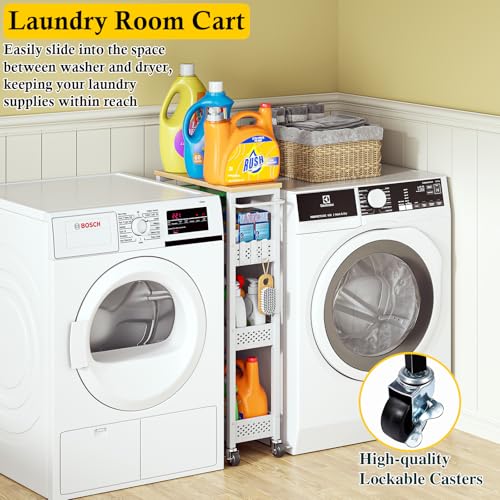 OKZEST Slim Laundry Room Organization Cart with Upgraded Metal Hub Casters | Fits between washer & dryer, 4-Tier space-saving narrow rolling cart, Premium wood top & metal mesh shelf, with handle & hook - color: White, size: 7.1 Inch Wide