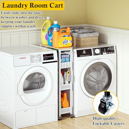OKZEST Slim Laundry Room Organization Cart with Upgraded Metal Hub Casters | Fits between washer & dryer, 4-Tier space-saving narrow rolling cart, Premium wood top & metal mesh shelf, with handle & hook - color: White, size: 7.1 Inch Wide