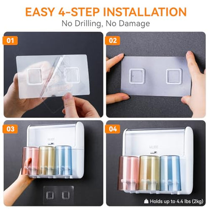 Toothbrush Holder Wall Mounted with Automatic Toothpaste Dispenser, Dustproof Flip Cover and Inverted Cup Slots, Multi-Functional No-Drill Bathroom Organizer for Family, Space Saver (3 Cups)