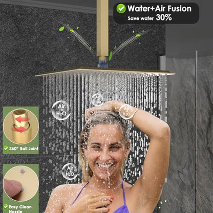 Enga Brushed Gold Rain Shower System with Body Jets, 12 inch Rain Shower Body Spray Jets System Ceiling Mounted Shower Faucet Set with 3-Function Brass Shower Valve - color: Brushed Gold, style: Ceiling Mount - 6 Jets
