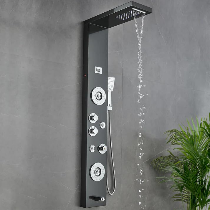 55 in. 6-Jet Stainless Steel Matte Black Shower Panel System w/Fixed LED Rainfall & Waterfall Showerhead, Temp Display, Tub Spout & Handheld Luxury Wall Mount Bathroom Tower