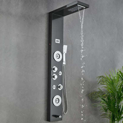 55 in. 6-Jet Stainless Steel Matte Black Shower Panel System w/Fixed LED Rainfall & Waterfall Showerhead, Temp Display, Tub Spout & Handheld Luxury Wall Mount Bathroom Tower