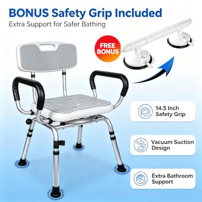 Swivel Shower Chair with Handle 500lbs Adjustable Arms & Back 360° Rotating | 360° Swivel, 5-Level Height Adjust, Non-Slip Feet, Tool-Free Assembly With Extra Suction Bath Grab Bar - size: Gray Set
