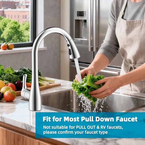 Curve Kitchen Faucet Sprayer Head Compatible with Kohler, Silver Chrome | NSF/ANSI/CAN 372 Certified, 14 Adapter Kit for Universal Fit Use, 3 Function Pull Down Sink Faucet Spray Head Replacement - color: Chrome, style: Curve Design