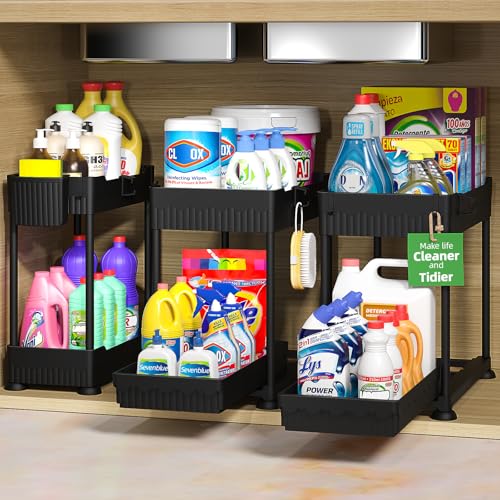 Sevenblue 3-Pack 2-Tier Under Sink Organizers with Sliding Drawers | Multi-use kitchen & bathroom storage, 14.8 inch black cabinet organizer, space-saving sliding drawer design. - color: Black, size: 14.8 Inch