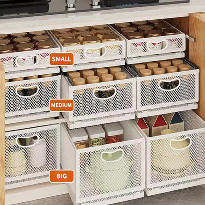 Sliding Cabinet Basket Organizer Drawer Self Adhesive Slide out Pantry Shelves Heavy Duty Carbon Steel Slide Cabinet Storage Basket with Handle for Bathroom Kitchen Home - size: Extended Large