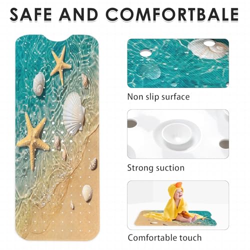 Bath Mat for Tub, Starfish Seashell, 40 X 16 Inch, for Bathtub | Summer Beach Ocean Extra Long Bathtub Shower with Suction Cups and Drain Holes for Kids Adults Elderly - color: Starfish Underwater Ocean