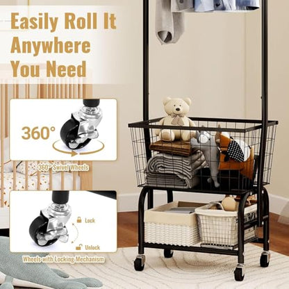ALIMORDEN Rolling Laundry Cart with Hanging Rack & Metal Basket, Black | 360° Lockable Casters, Wire Laundry Basket Cart, Hanging Rack, Powder Coated Frame for Laundry Room & Bedroom Storage - color: Black