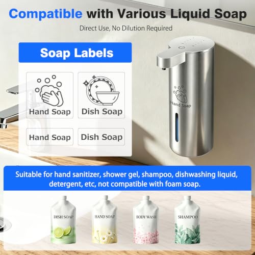 Touchless Automatic Liquid Soap Dispenser, Stainless Steel, Rechargeable | 4 Levels Adjustable, No Clog,13.5oz Capacity,IPX5 Waterproof, Wall Mount, For Hand & Dish Soap, Bathroom Kitchen Hotel Use - color: Stainless Steel
