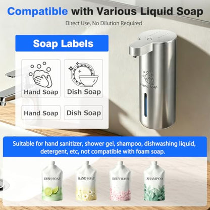 Touchless Automatic Liquid Soap Dispenser, Stainless Steel, Rechargeable | 4 Levels Adjustable, No Clog,13.5oz Capacity,IPX5 Waterproof, Wall Mount, For Hand & Dish Soap, Bathroom Kitchen Hotel Use - color: Stainless Steel