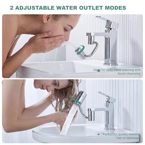2 PCS 1440° Rotatable Faucet Aerator Extension Silver | 2 Modes Adjustable Water Flow, 1080° Swivel Design, Splash Proof Attachment for Kitchen & Bathroom Sink